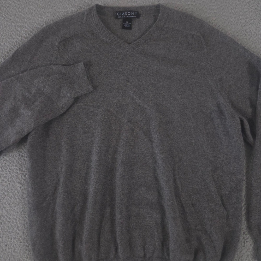 Giasone Sweater Men XL Gray 100% Cashmere 2 Ply V-Neck Knit Pullover Luxury Warm